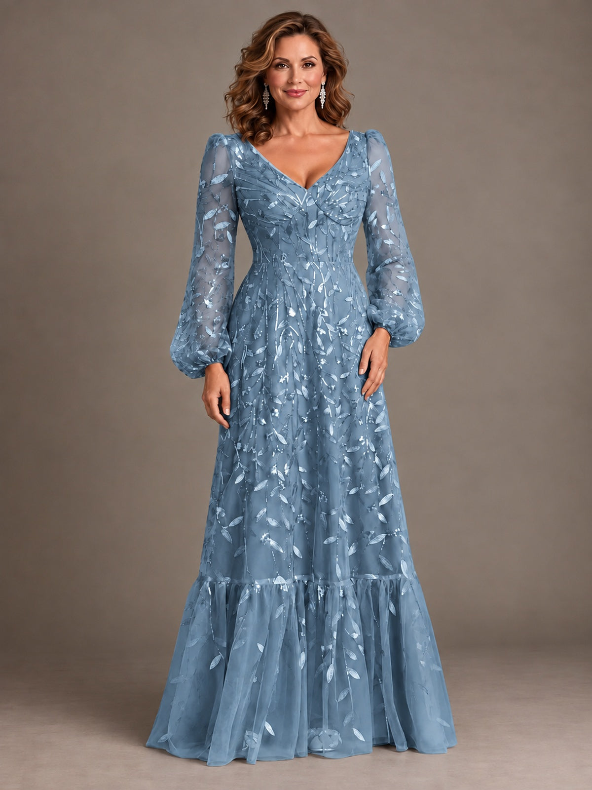 Floral Sequin Embroidered A-Line Mother of the Bride Dress with Long Sleeves