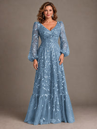 Floral Sequin Embroidered A-Line Mother of the Bride Dress with Long Sleeves