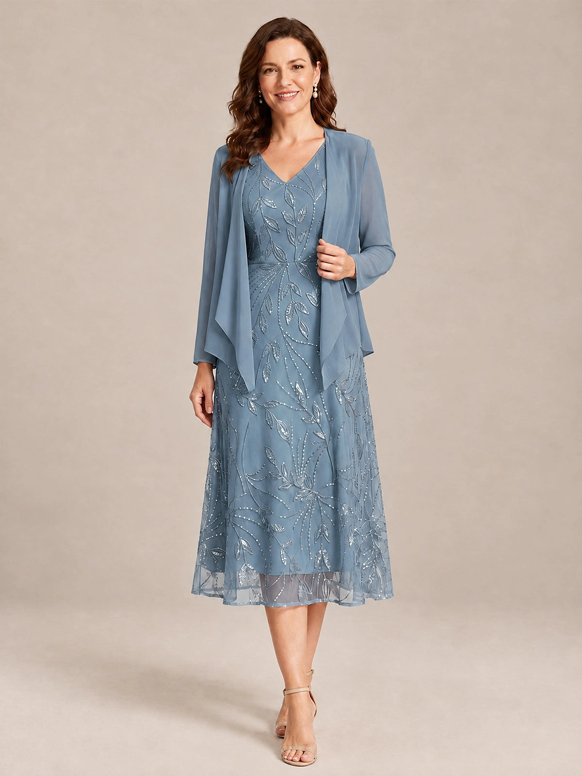 Tea Length Sequin Lace Mother of the Bride Dress with Chiffon Jacket