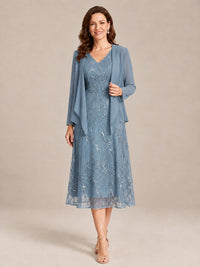 Tea Length Sequin Lace Mother of the Bride Dress with Chiffon Jacket