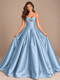 Pink Strapless Corset Satin Prom Derss & Ball Gown with 3D Floral