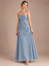 Dusty Blue Strapless 3D Floral Appliques Maxi Dress