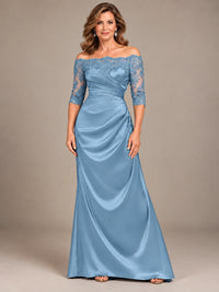 Satin Mother of the Bride Dress with Lace Sleeves Off Shoulder Formal Gown