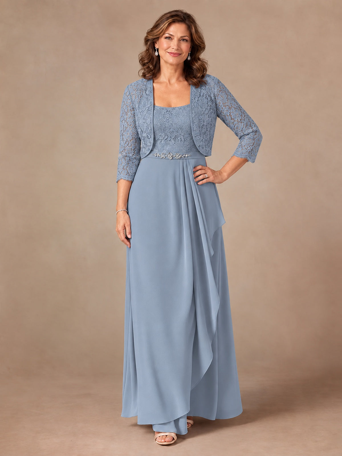 Blush Pink A-Line Mother of the Bride Dress with Lace Jacket and Ruffles
