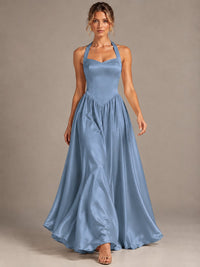 Light Yellow Halter Neck Satin A-Line Maxi Dress with Pockets