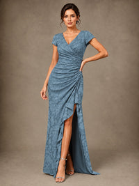 V-Neck Floral Jacquard Mother of the Bride Dress with Slit