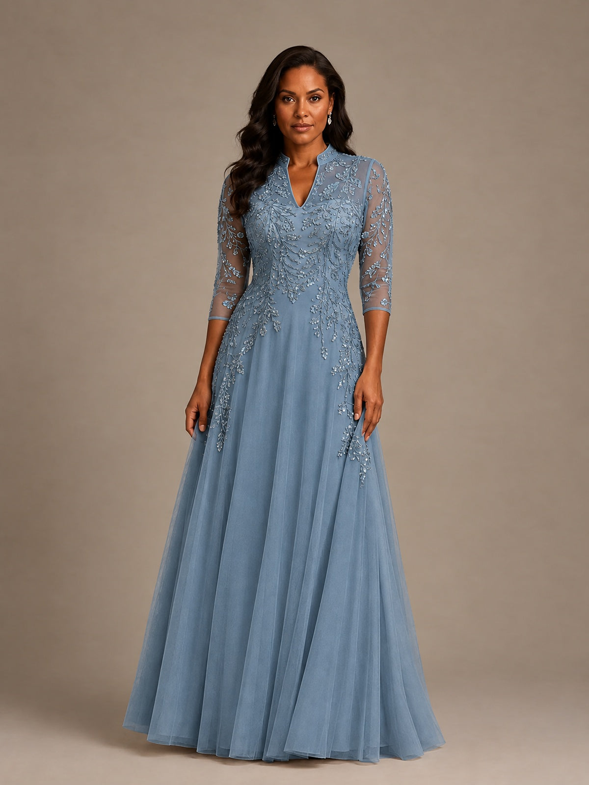 Embellished Appliques Mother of the Bride Dress with 3/4 Sleeves