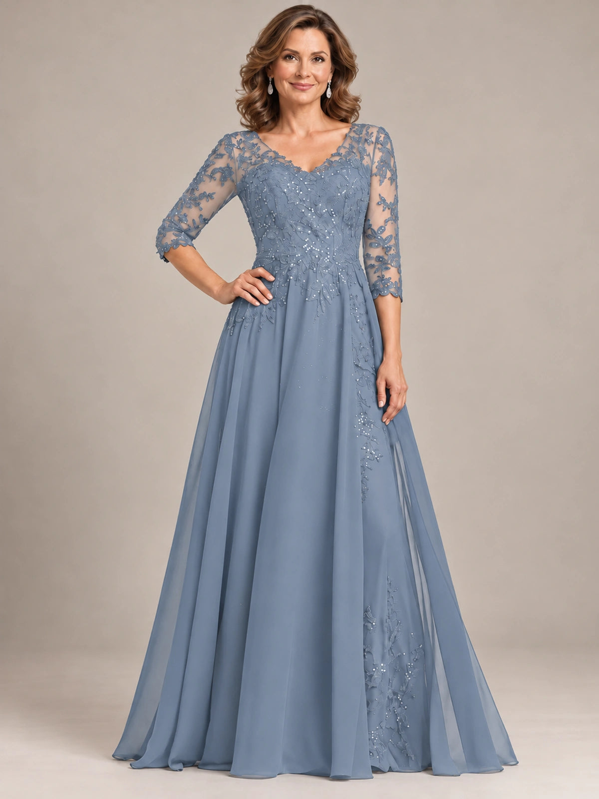 Sequin Lace A-Line Mother of the Bride Dress with 3/4 Sleeves
