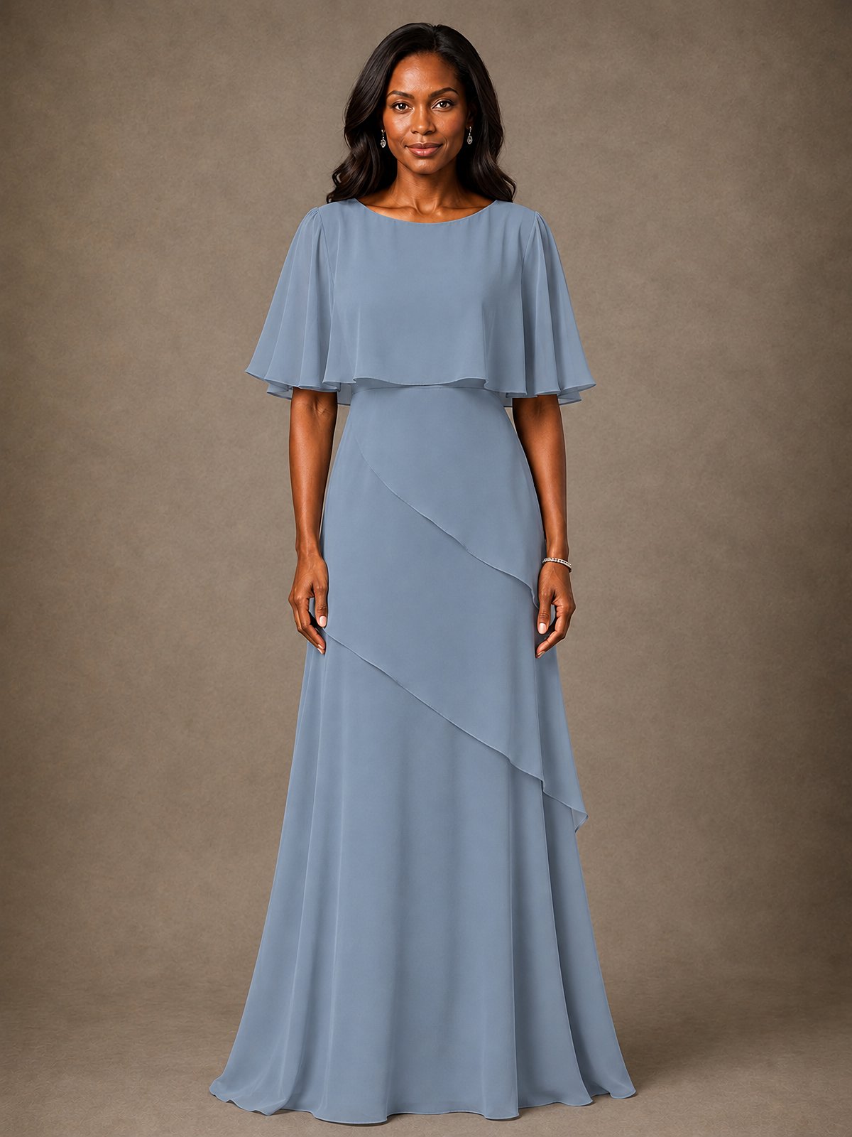 Taupe Chiffon A-Line Mother of the Bride Dress with Cape Sleeves