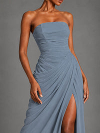 Strapless Bodycon Pleated Chiffon Formal Dress with Slit