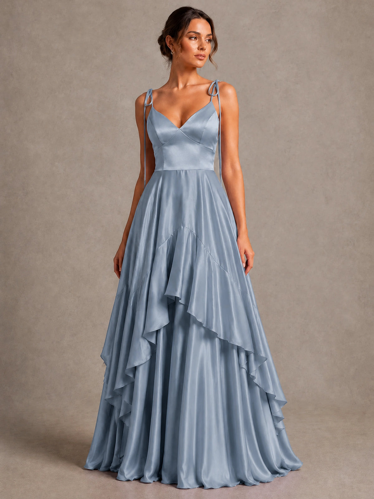 Lavender Satin V-Neck Ruffle Maxi Dress