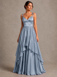 Lavender Satin V-Neck Ruffle Maxi Dress
