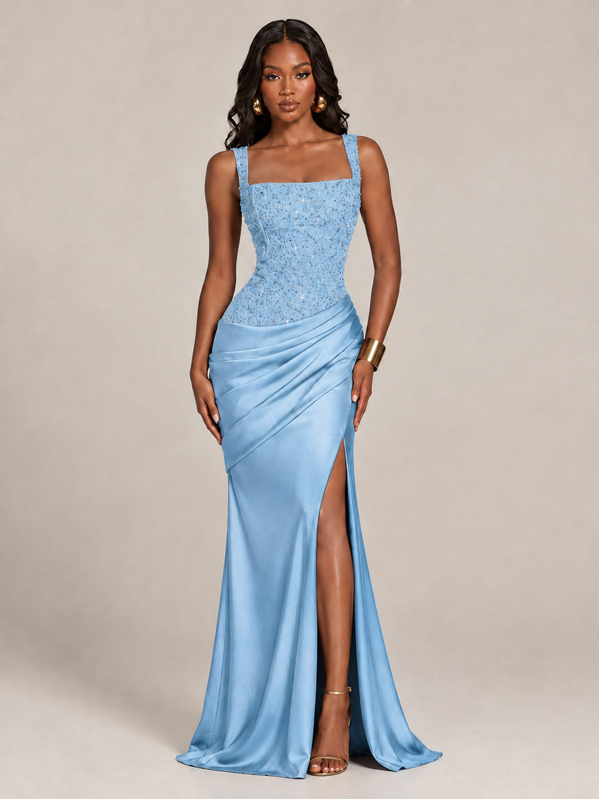 Scoop Neck Sequin Prom Dress with High Slit Satin Formal Gowns