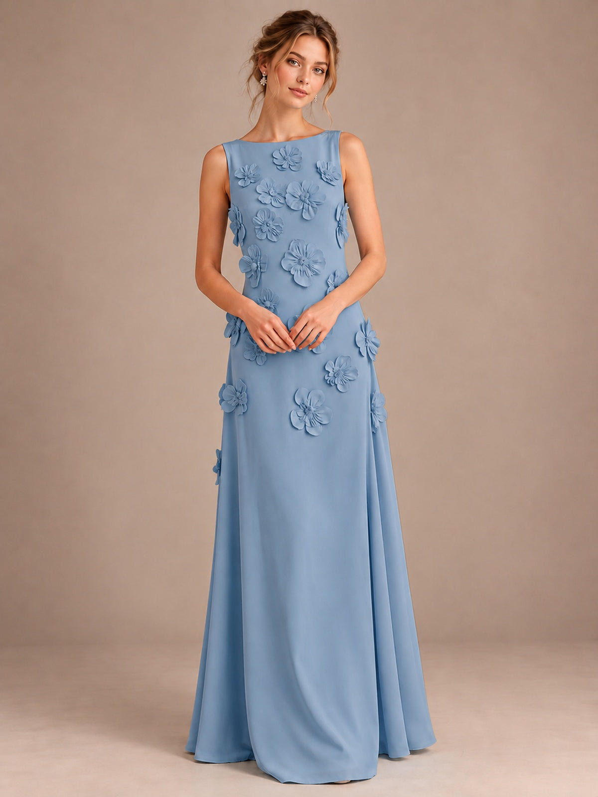 3D Floral Applique Sleeveless Formal Maxi Dress