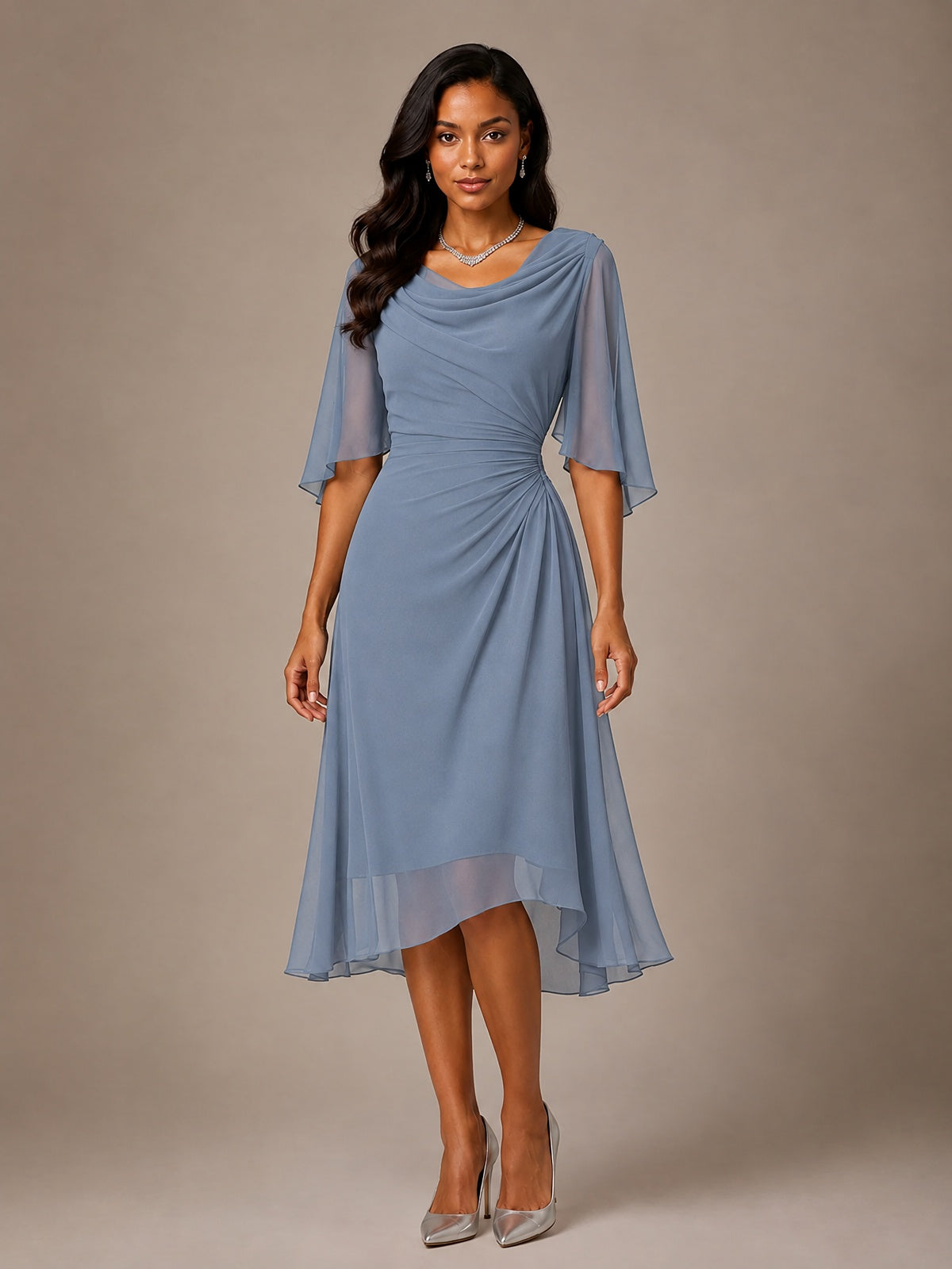 Cowl Neck Ruched Chiffon Mother of the Bride Dresses with Flutter Sleeves