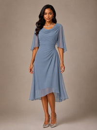 Cowl Neck Ruched Chiffon Mother of the Bride Dresses with Flutter Sleeves