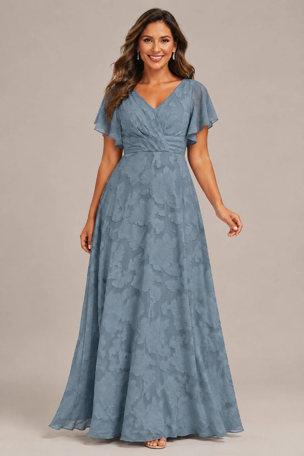 Jovellee Floral Chiffon A-Line Mother of the Bride Dress with Flutter Sleeves