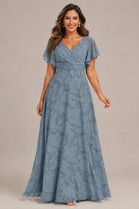 Jovellee Floral Chiffon A-Line Mother of the Bride Dress with Flutter Sleeves