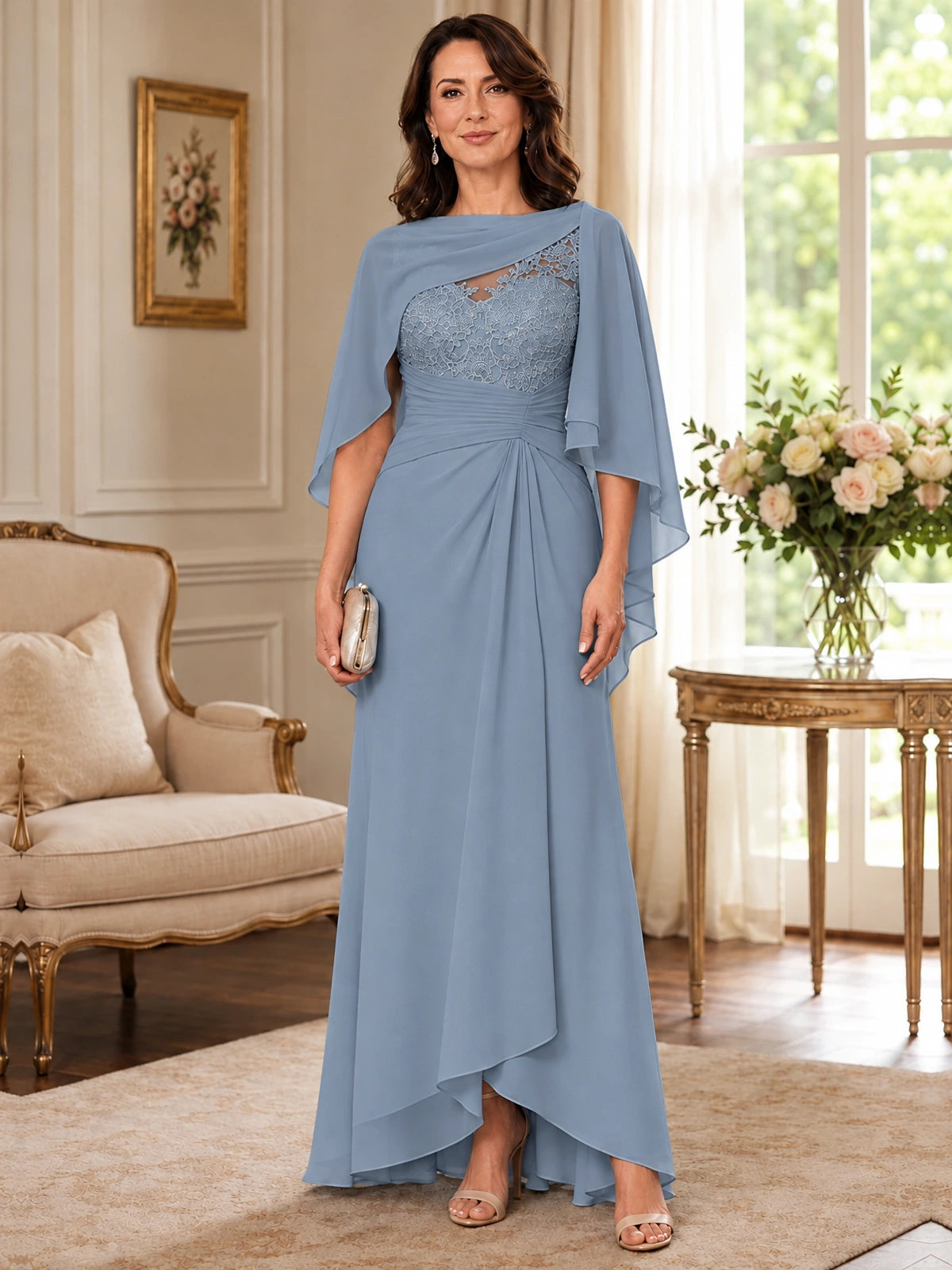 Elegant Chiffon Mother of the Bride Dress with Lace Applique and Cape Sleeves