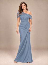 Dusty Blue-Lace One Shoulder Chiffon Ruched Mother of The Bride Dresses