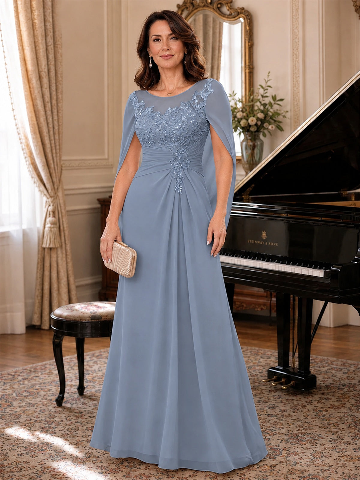 Elegant Applique Chiffon Mother of the Bride Dress with Cape Sleeves