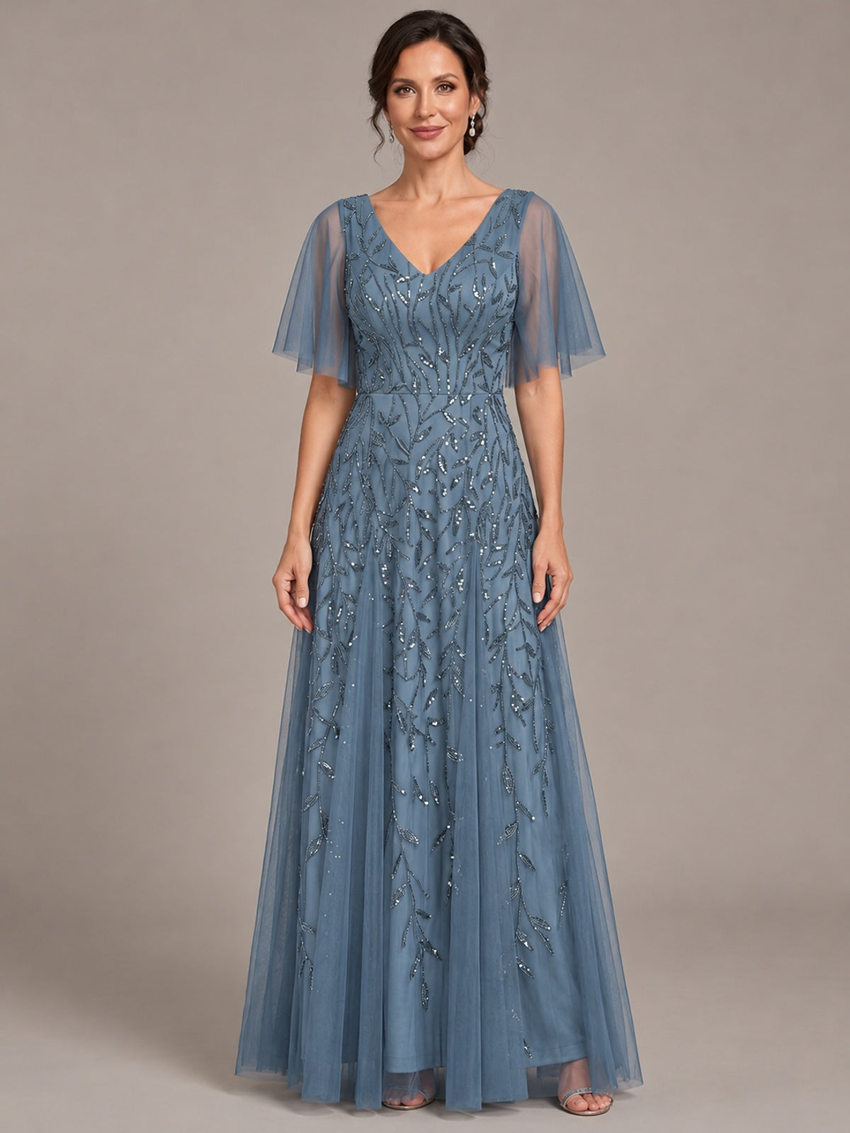 Dusty Blue V-Neck Sequin Tulle Mother of the Bride Dress with Flutter Sleeve A-line Evening Formal Wedding Guest Dress