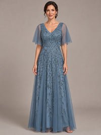 Dusty Blue V-Neck Sequin Tulle Mother of the Bride Dress with Flutter Sleeve A-line Evening Formal Wedding Guest Dress
