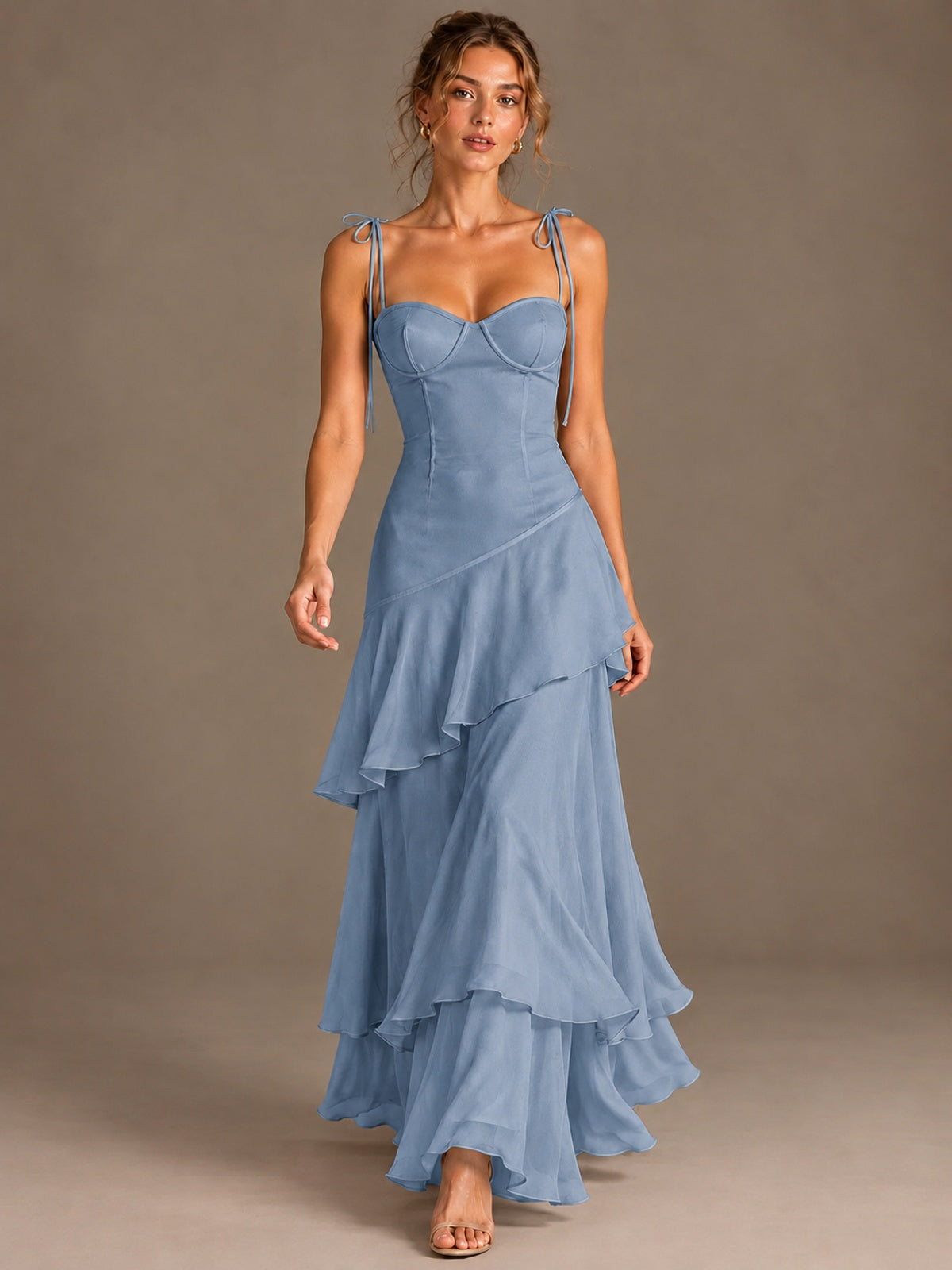 Spaghetti Strap Tiered Ruffles Chiffon Prom Dress