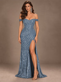 Off the Shoulder Corset Sequin Mermaid Prom Dress with Slit