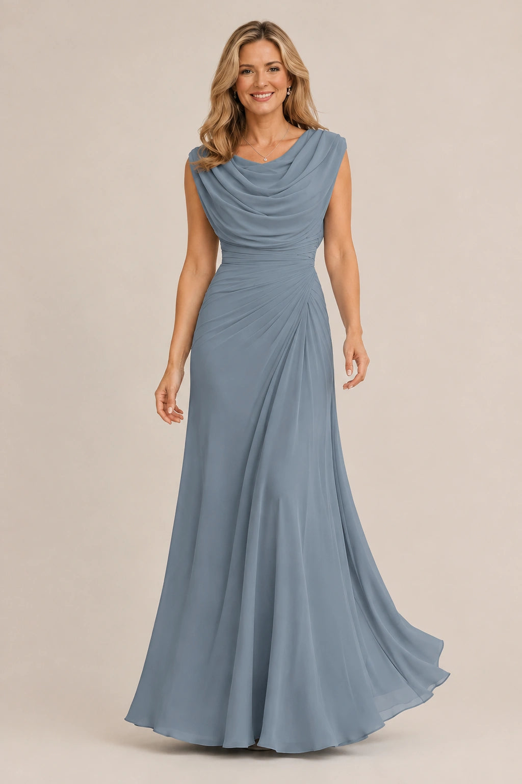 Cowl Neck Ruched Chiffon Mother of the Bride Dress