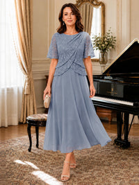 Tea-Length Chiffon Mother of the Bride Dress with Sequin Lace Sleeves