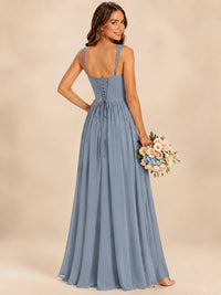 Spaghetti Straps Pleated Chiffon Bridesmaid Dress with Ruffle Slit
