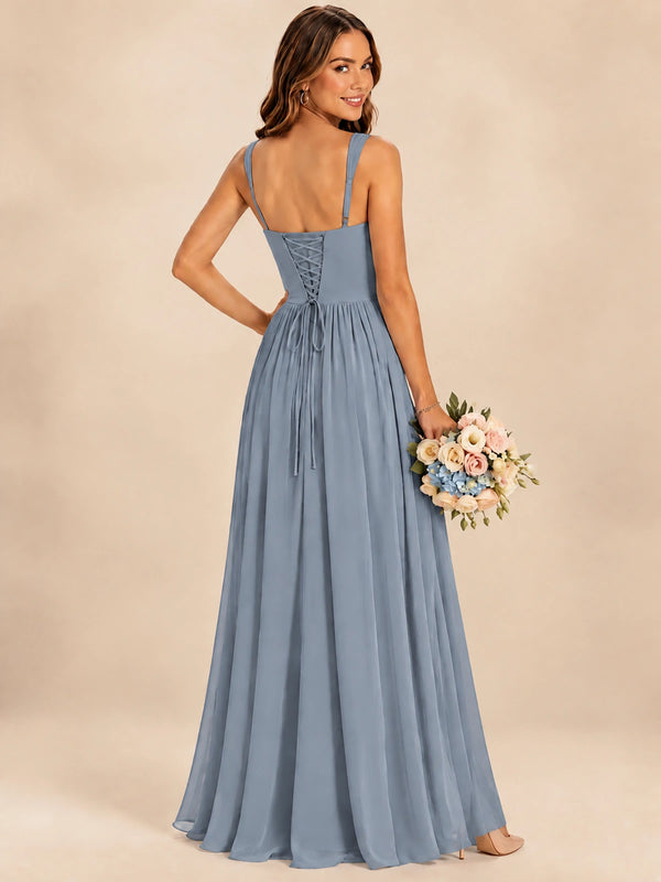 Spaghetti Straps Pleated Chiffon Bridesmaid Dress with Ruffle Slit