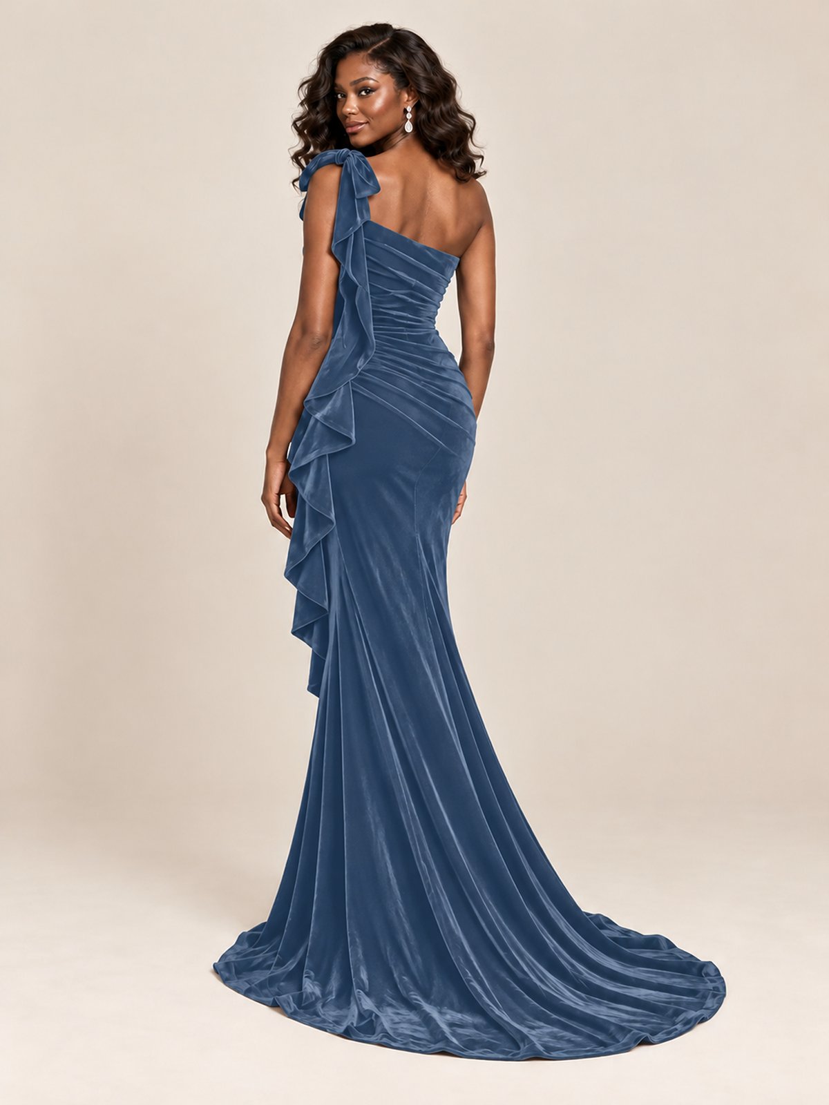 Black Velvet One-Shoulder Mermaid Evening Gown with Bow & Ruffles