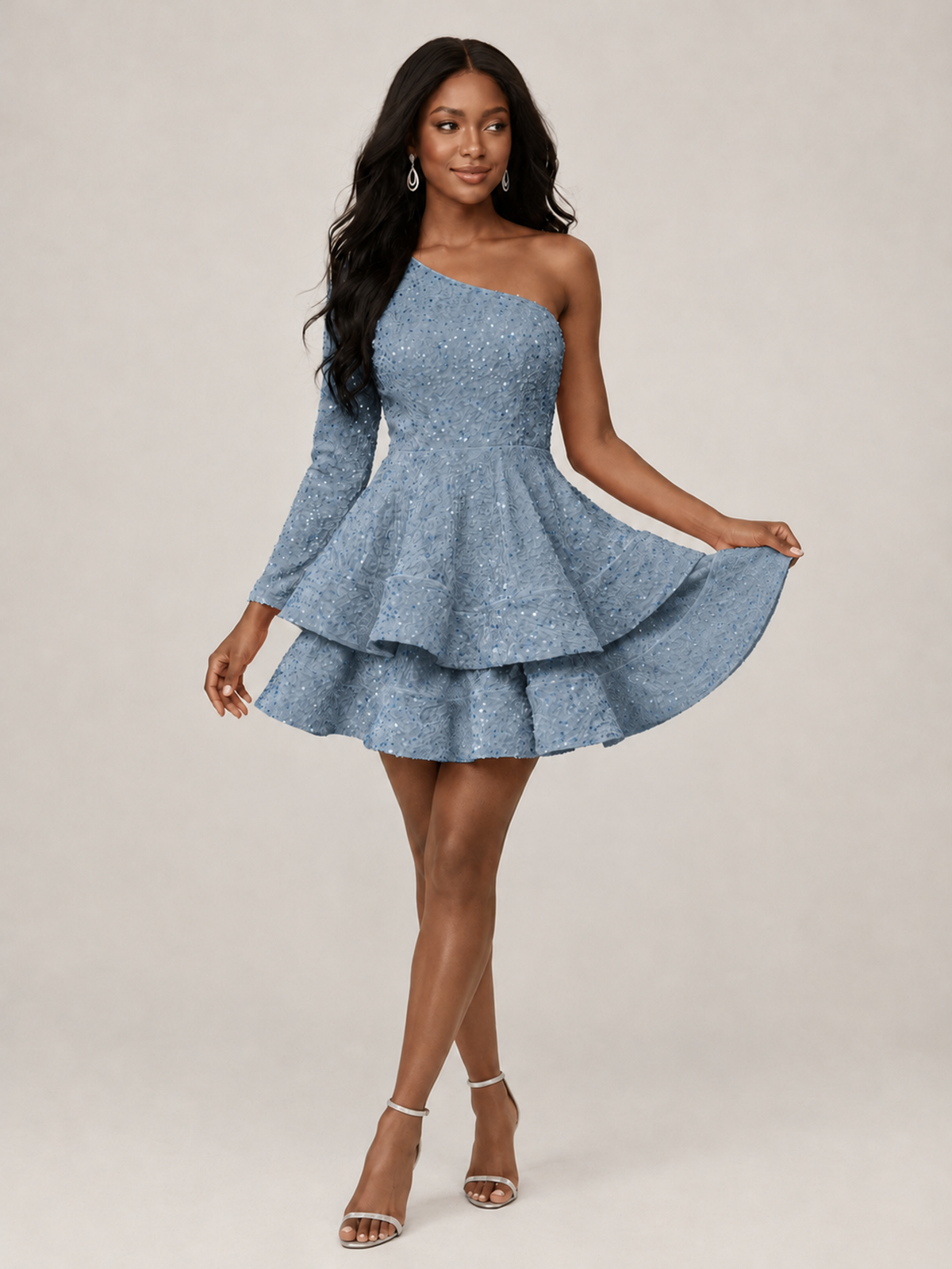 Puffy One Shoulder Sequin Tiered Mini Dress