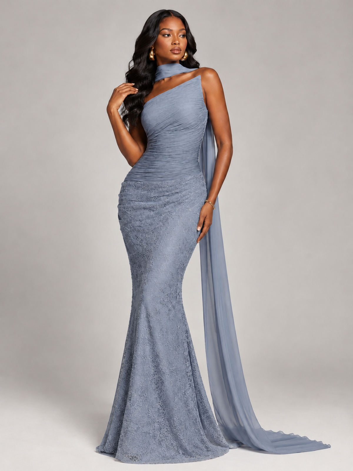 Pleated Chiffon Lace Prom Dresses Long Bodycon Mermaid with Scarf