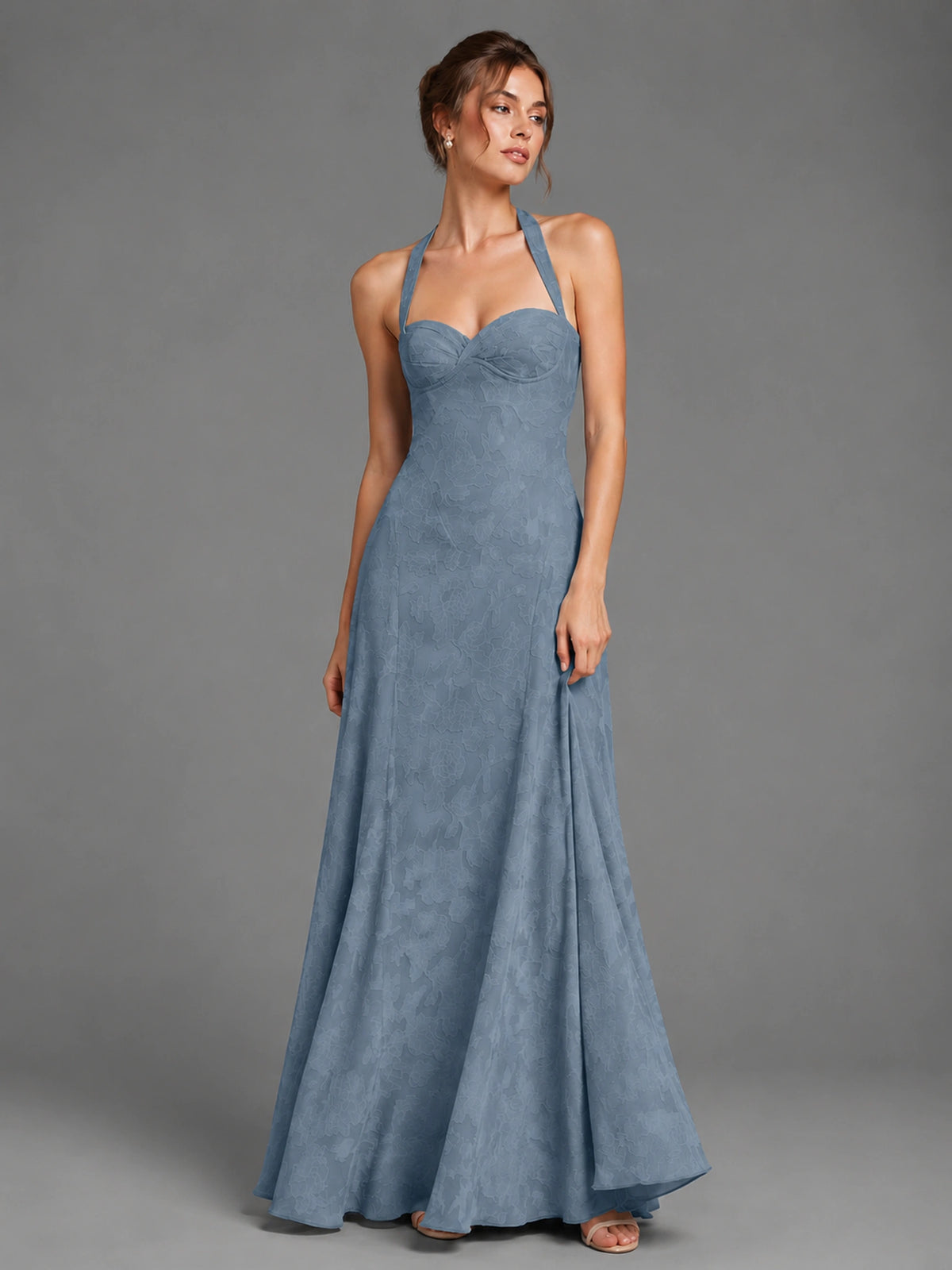 A-Line Halter Floral Chiffon Maxi Dress