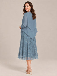 Tea Length Sequin Lace Mother of the Bride Dress with Chiffon Jacket