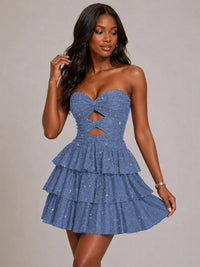 Royal Blue Sequin Strapless Cutout Ruffle Mini Dress