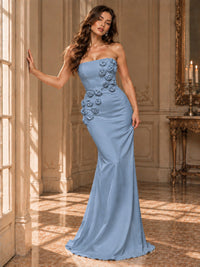 White Strapless Mermaid Maxi Dress with 3D Floral Appliques