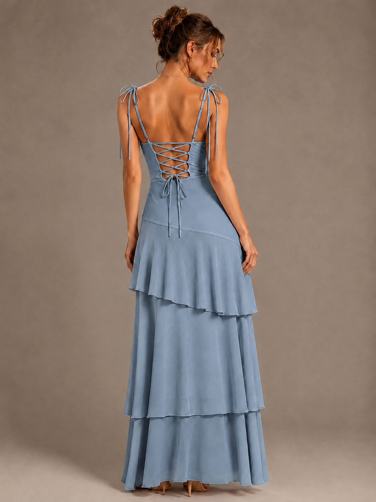 Spaghetti Strap Tiered Ruffles Chiffon Prom Dress