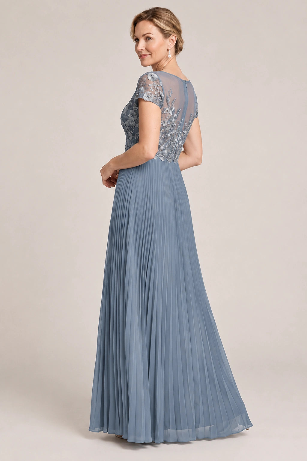 Embroidered Lace Pleated Mother of the Bride Dress