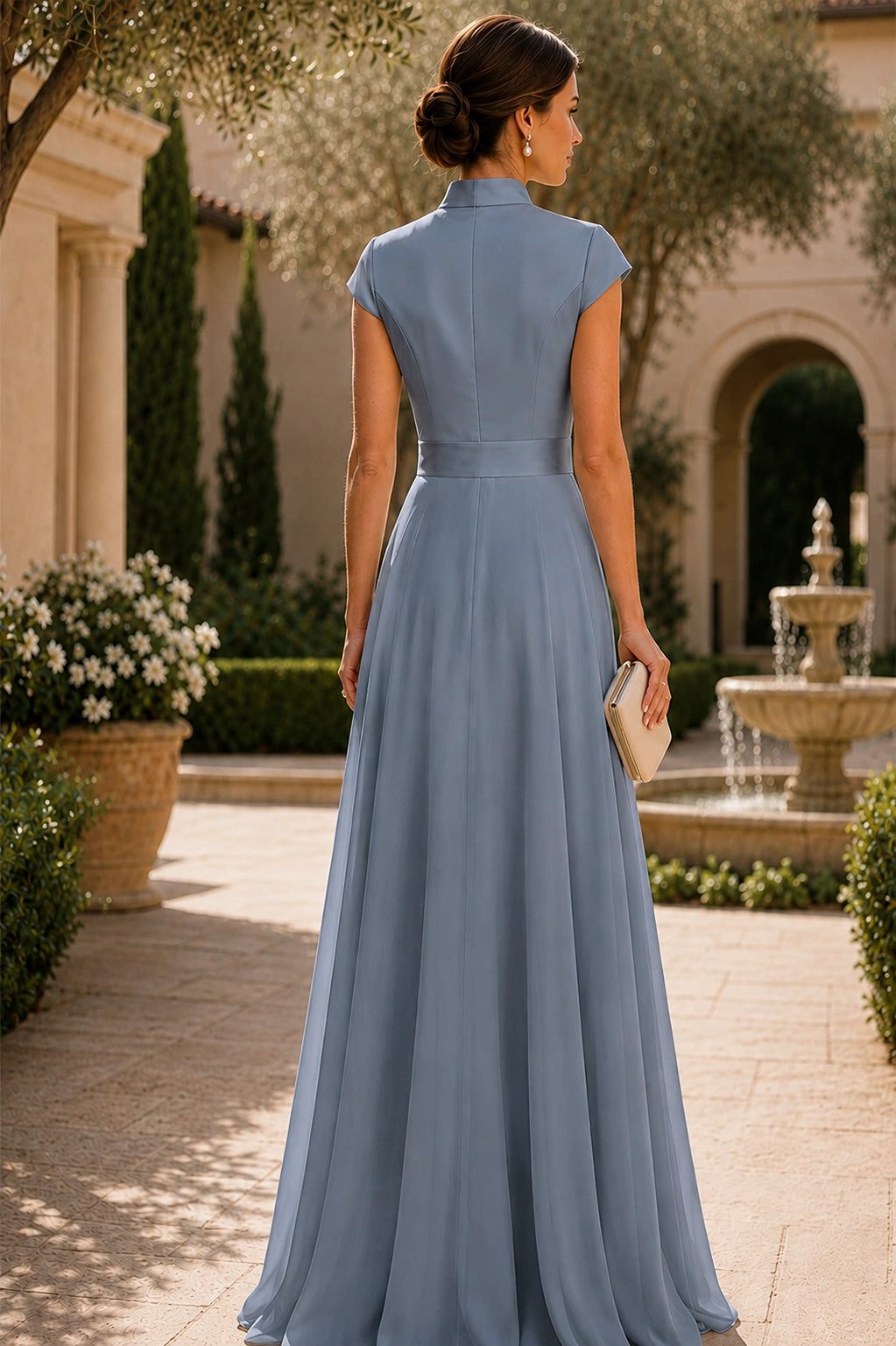 V Neck Cap Sleeve A-Line Floor-Length Satin Bridesmaid Dress