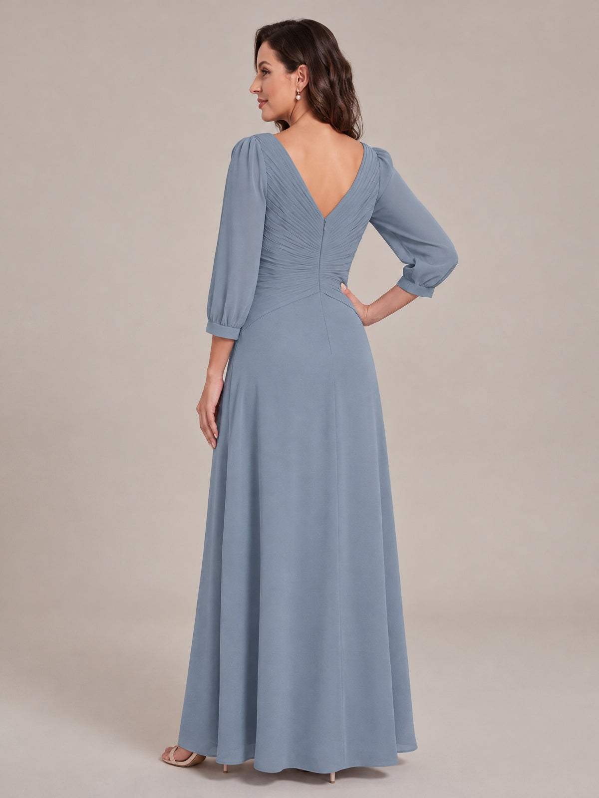 V-Neck Pleated Chiffon Mother of the Bride Dress with Flutter Sleeves