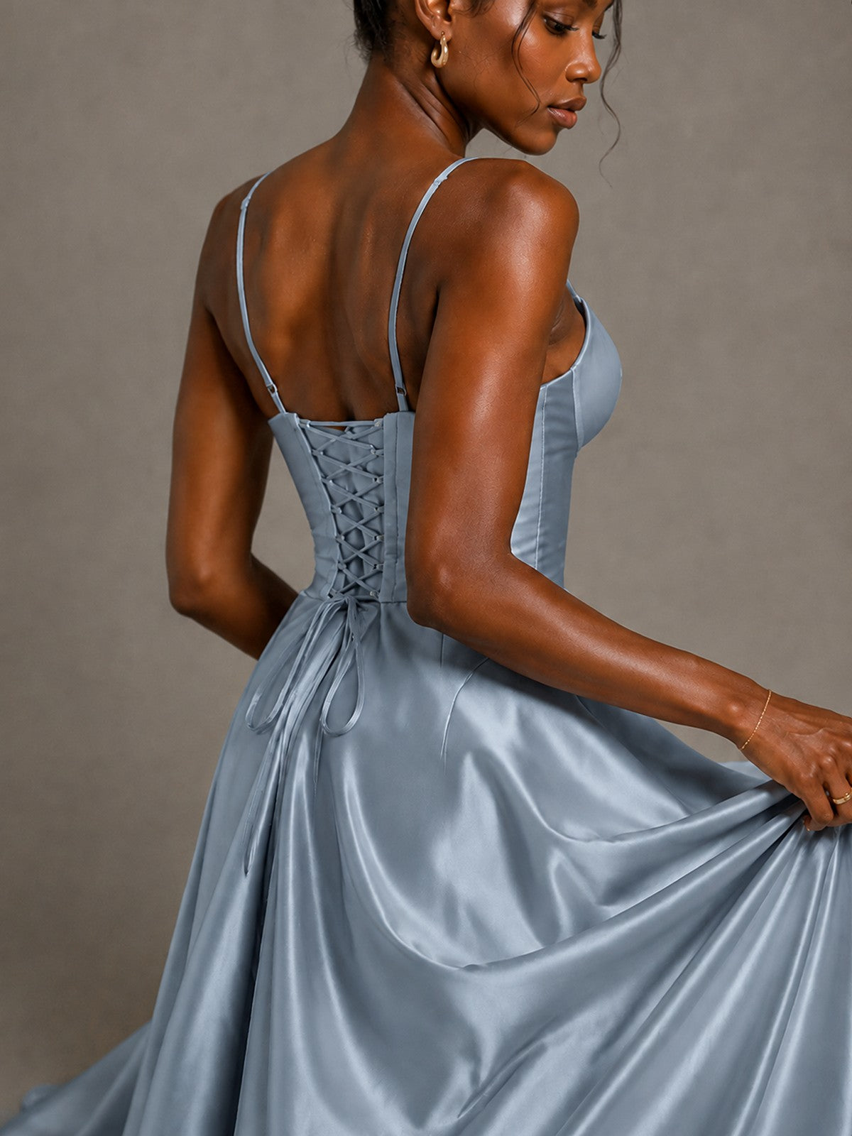 Lavender V Neck Satin Prom Dress with Spaghetti Straps