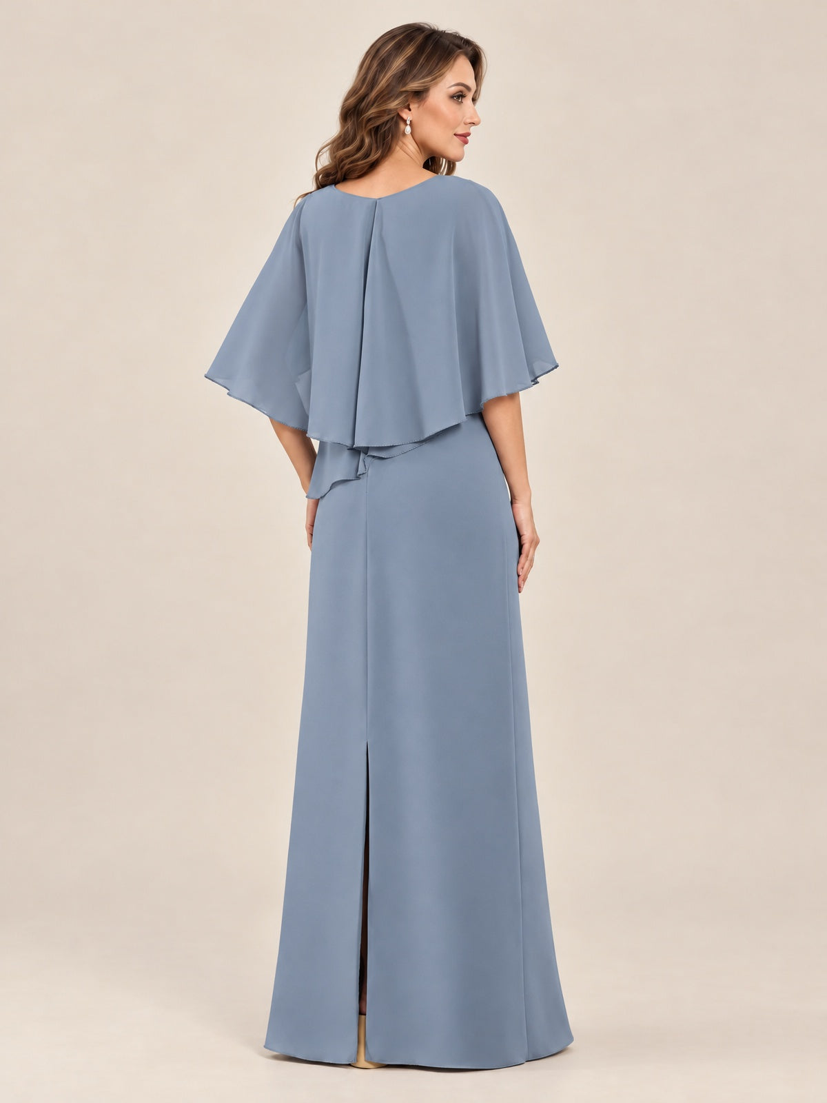 Cape Sleeve Mother of the Bride Dress with Asymmetrical Overlay