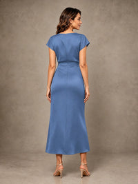 Cowl Neck Satin Mother of the Bride Dress with Ruched Waist