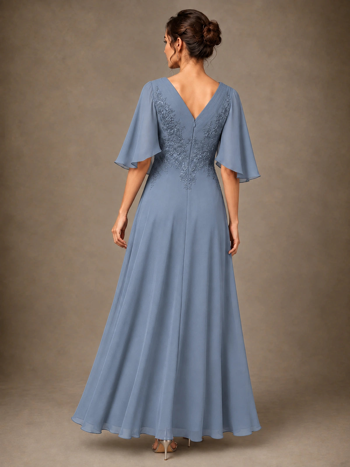 V-Neck Chiffon Lace Mother of the Bride Dress with Flutter Sleeves