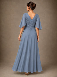 V-Neck Chiffon Lace Mother of the Bride Dress with Flutter Sleeves