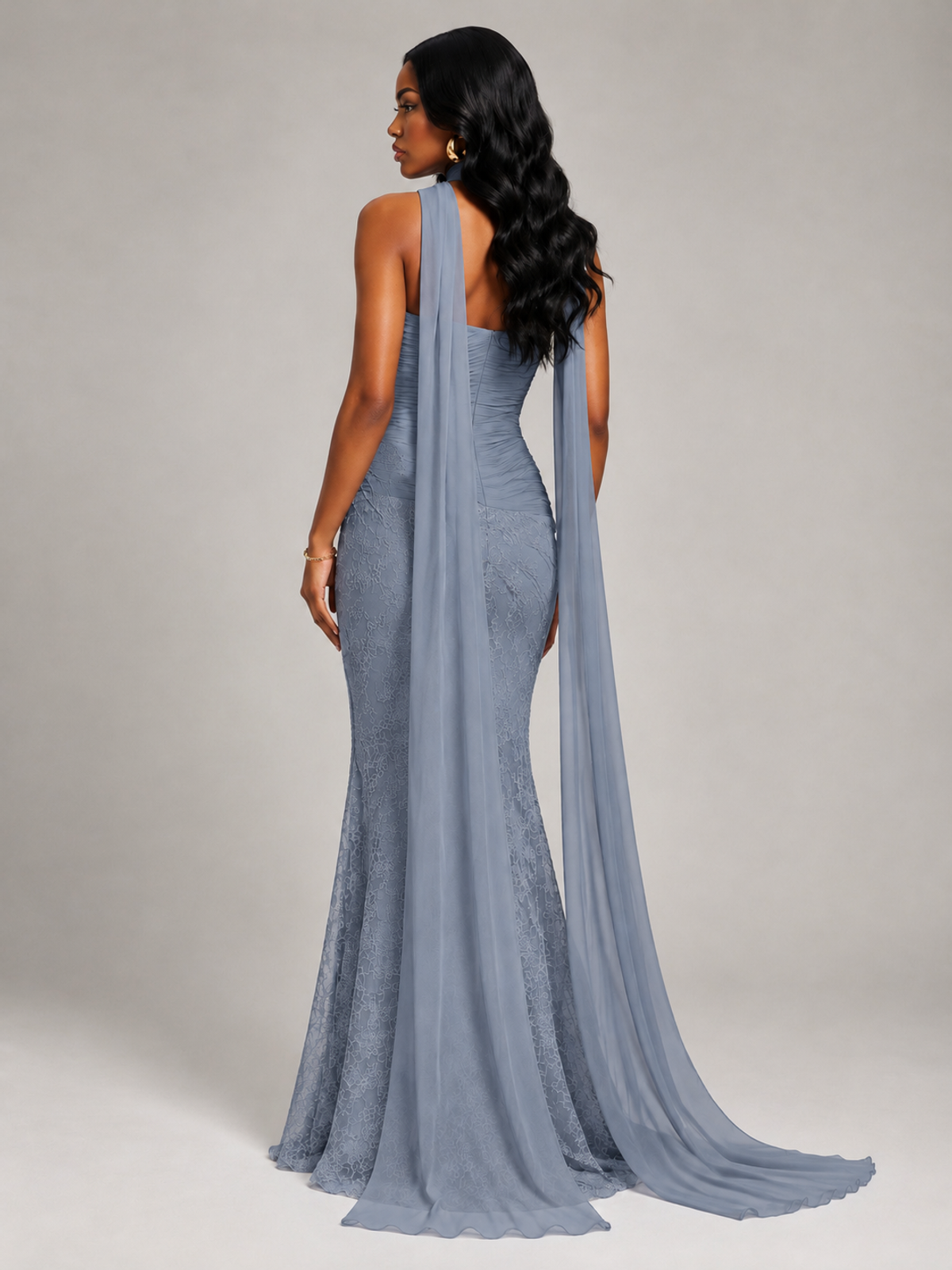 Pleated Chiffon Lace Prom Dresses Long Bodycon Mermaid with Scarf